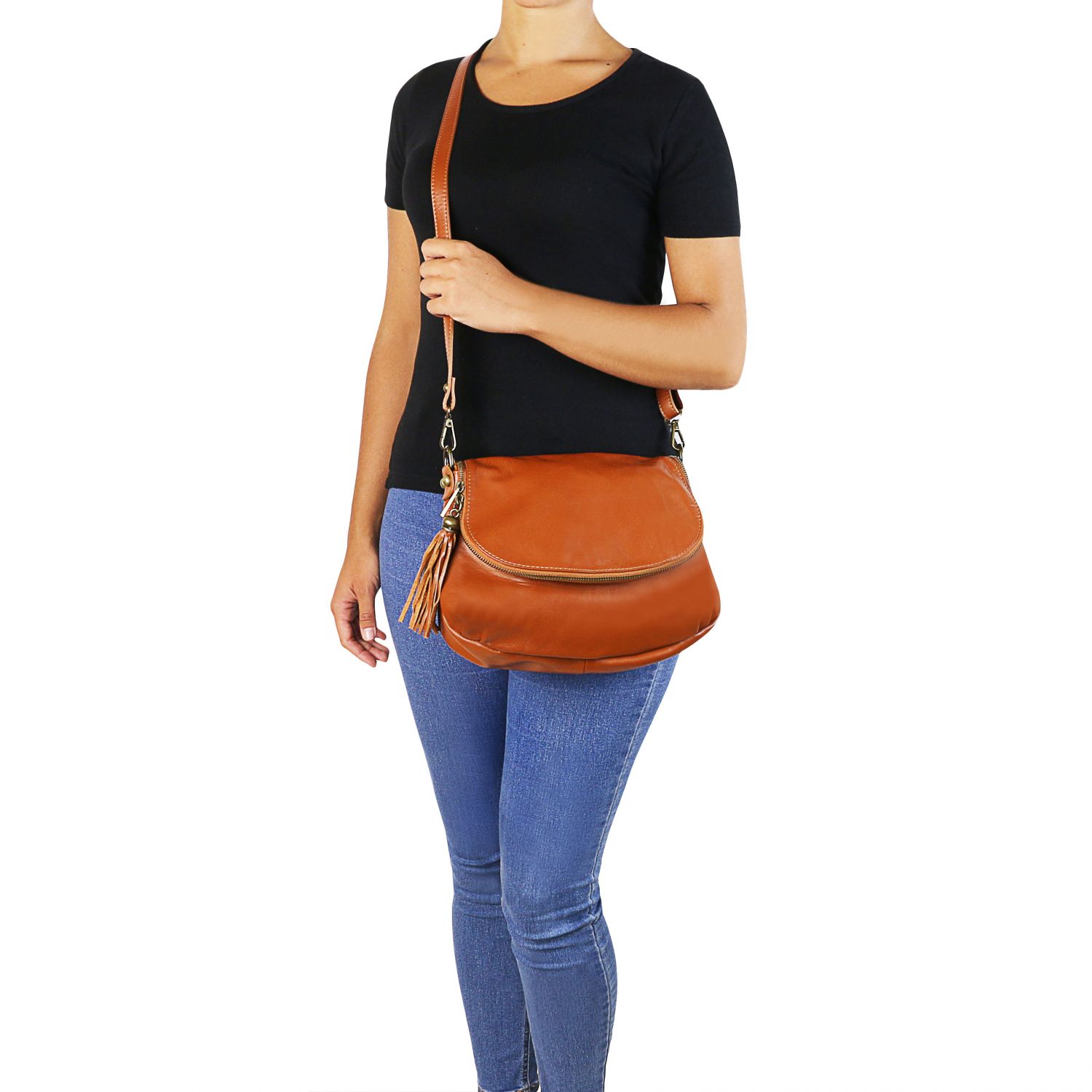 TL Bag - Sac bandoulière besace en cuir souple avec pompon - Cognac (TL141223)