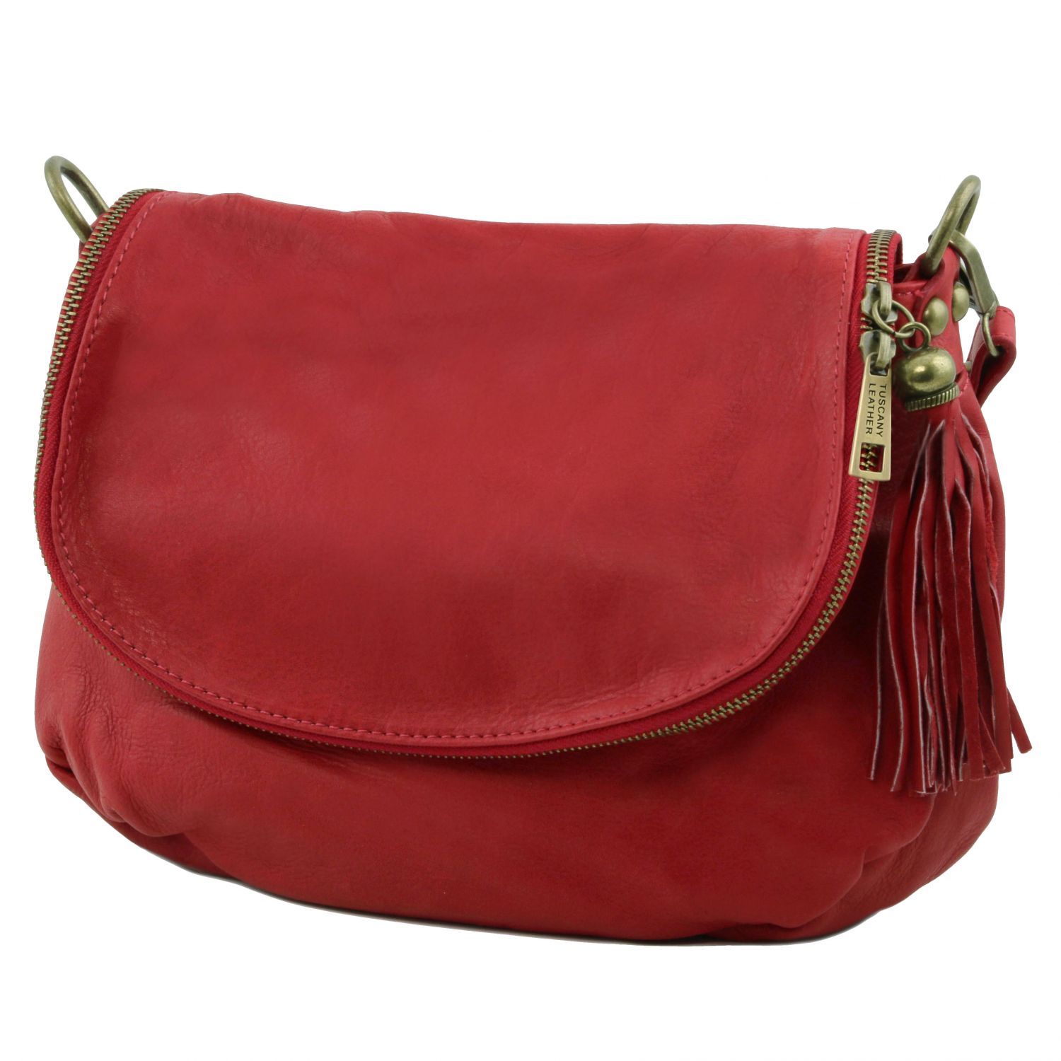 TL Bag - Sac bandoulière besace en cuir souple avec pompon - Rouge (TL141223)