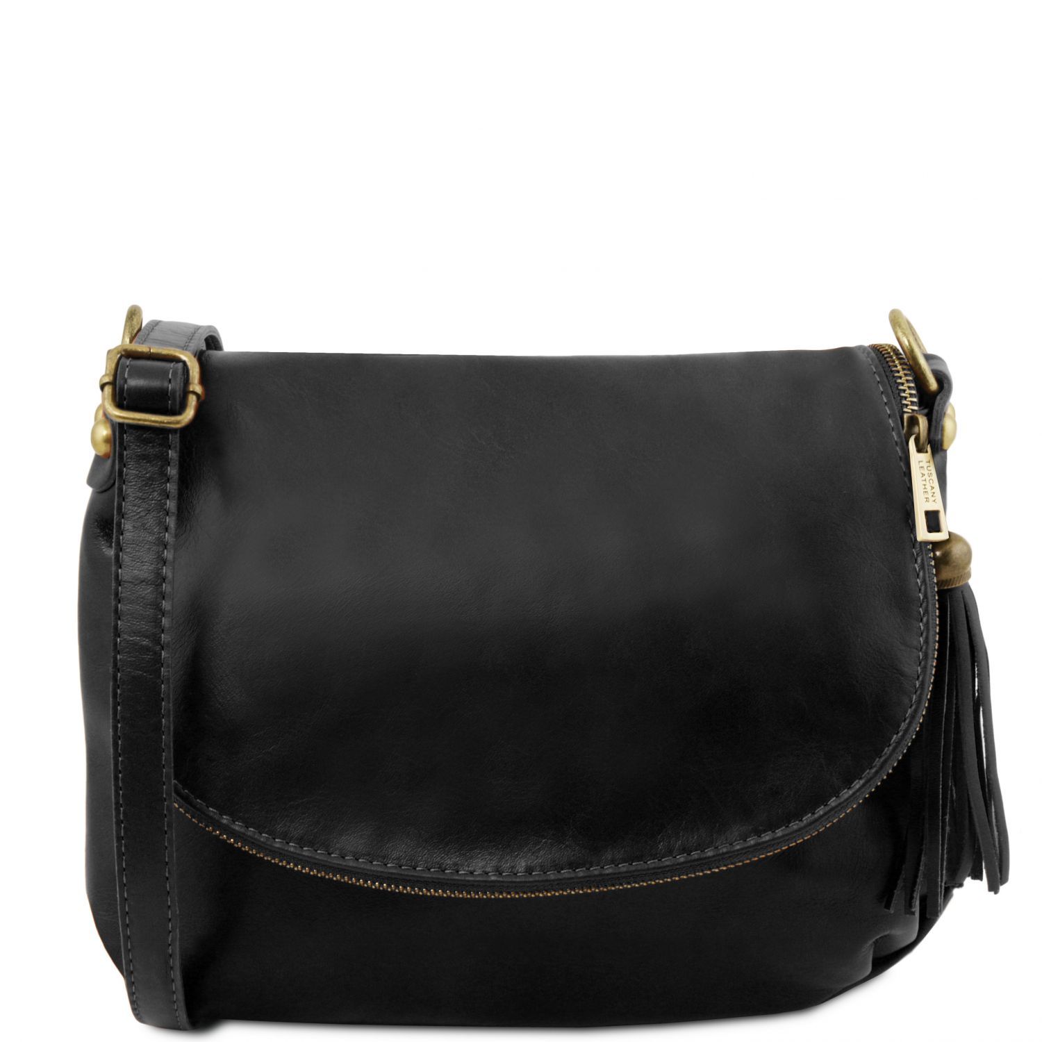 TL Bag - Sac bandoulière besace en cuir souple avec pompon - Noir (TL141223)