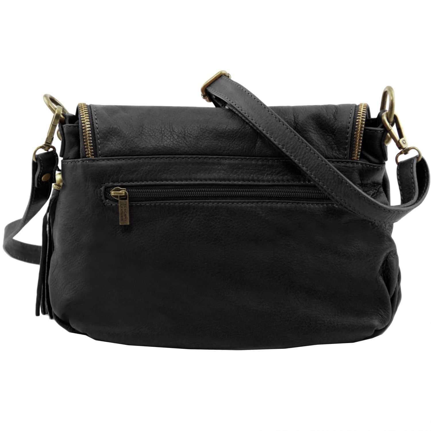 TL Bag - Sac bandoulière besace en cuir souple avec pompon - Noir (TL141223)