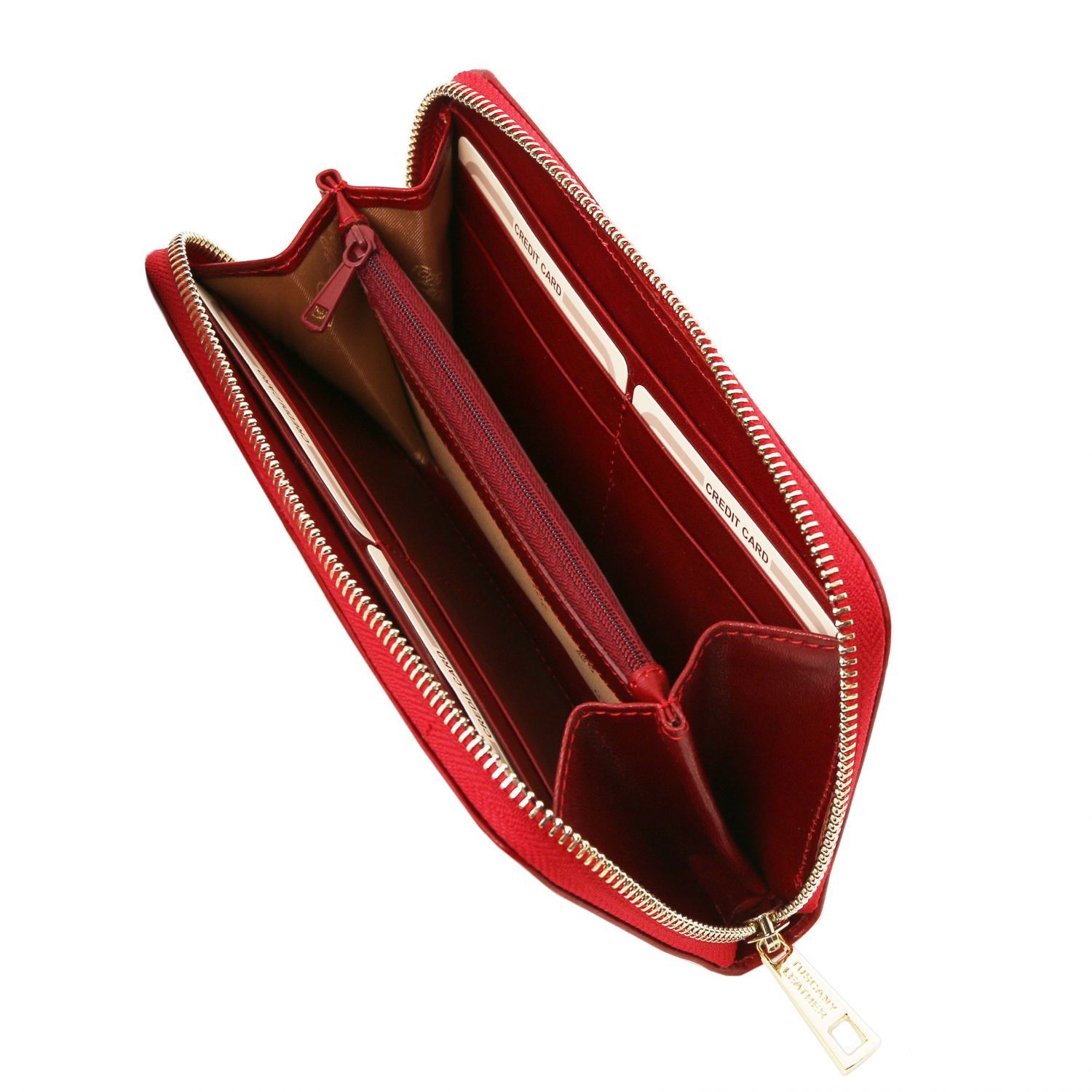 Elégant portefeuille en cuir avec 3 poches soufflets et fermeture glissière - Rouge (TL141206)