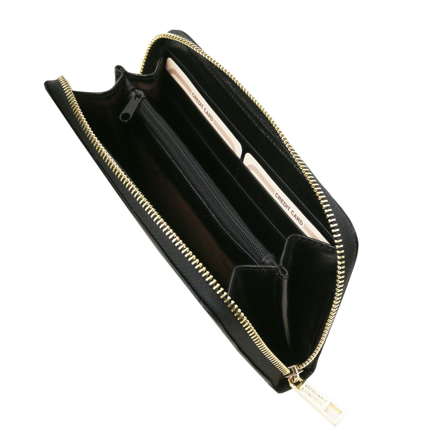 Elégant portefeuille en cuir avec 3 poches soufflets et fermeture glissière - Noir (TL141206)