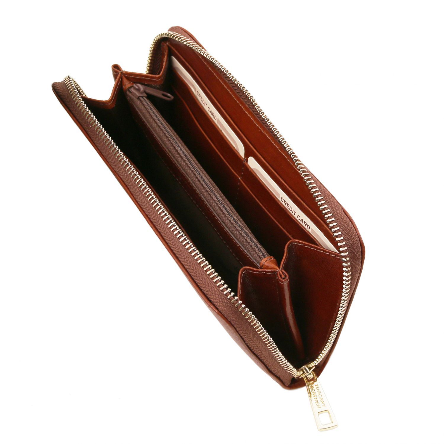 Elégant portefeuille en cuir avec 3 poches soufflets et fermeture glissière - Marron (TL141206)