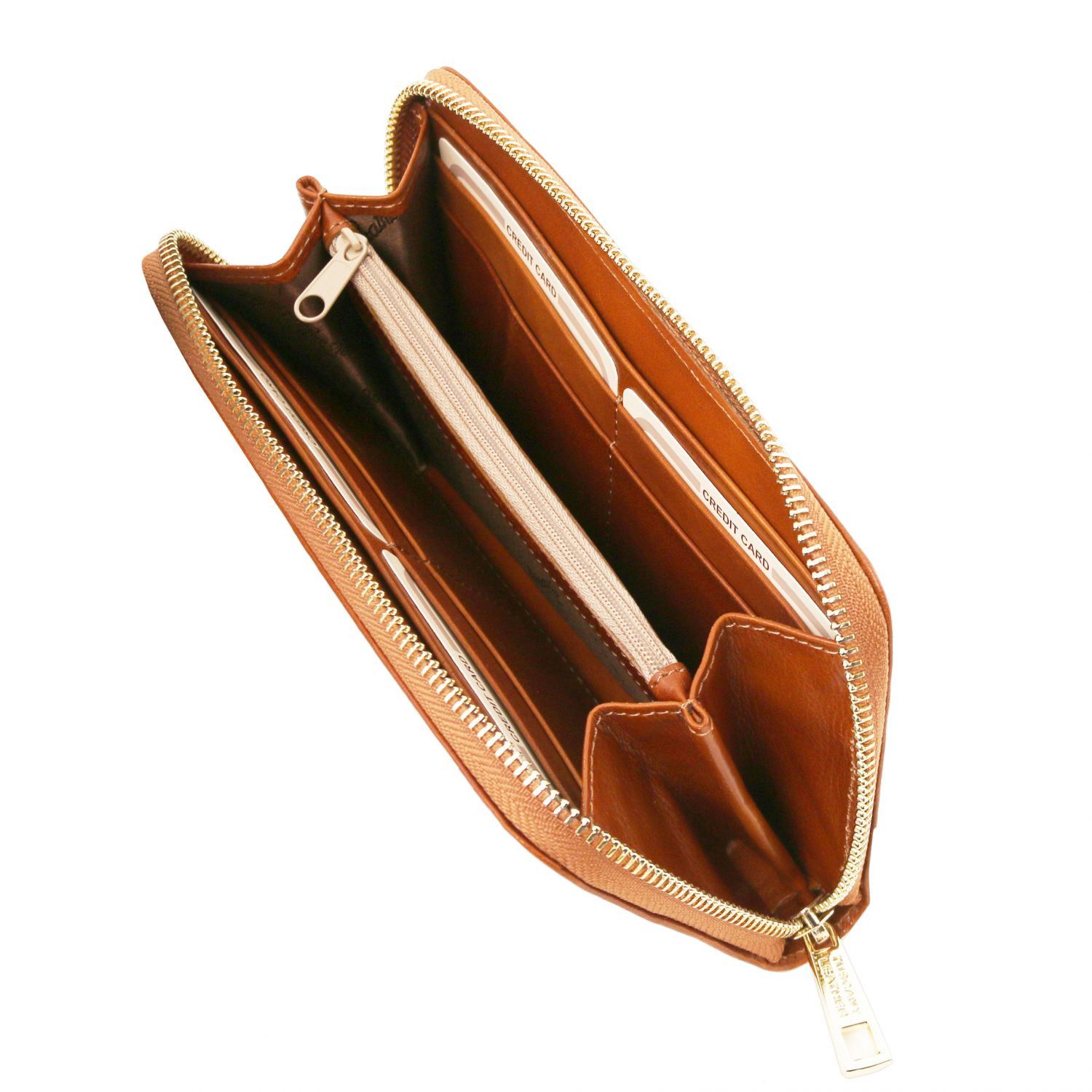 Elégant portefeuille en cuir avec 3 poches soufflets et fermeture glissière - Miel (TL141206)