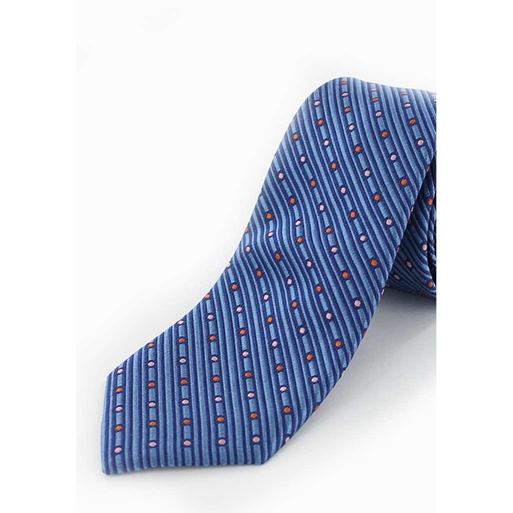 Cravate en soie bleu vagues et pois orangés - Homme