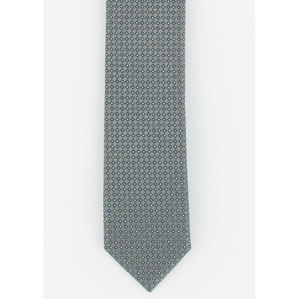 Cravate fine en soie gris motifs turquoise - Homme