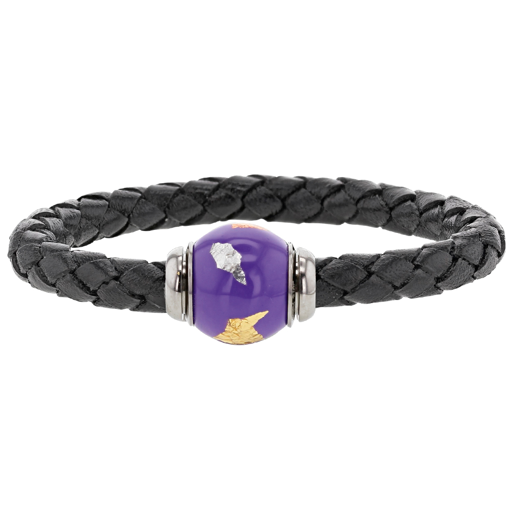 Bracelet noir cuir de veau aniline fermoir et acier magnétique avec perle et acier émaillé - Homme