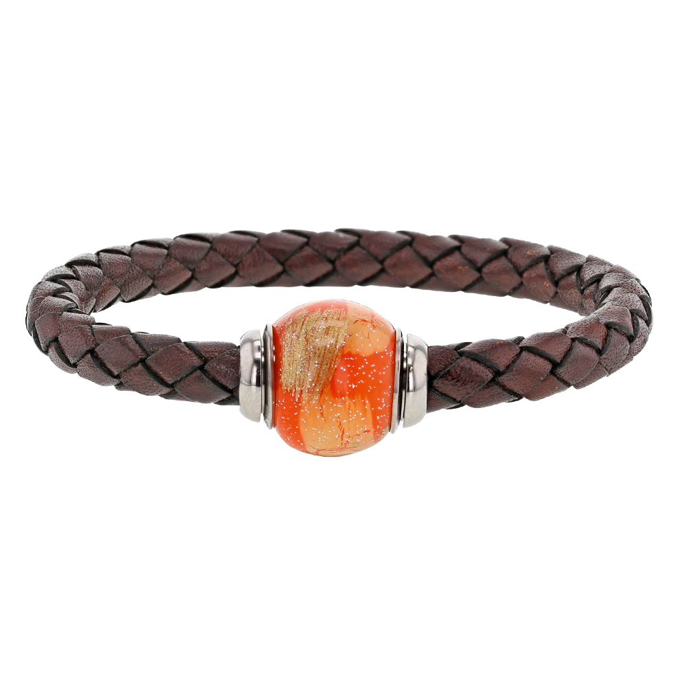 Bracelet marron cuir de veau aniline fermoir et acier magnétique avec perle et acier émaillé - Homme