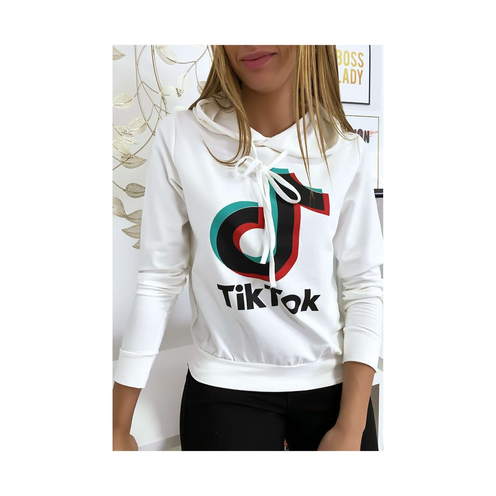 Pull sweat blanc logo Tik Tok (K-6/1-18357-blanc)