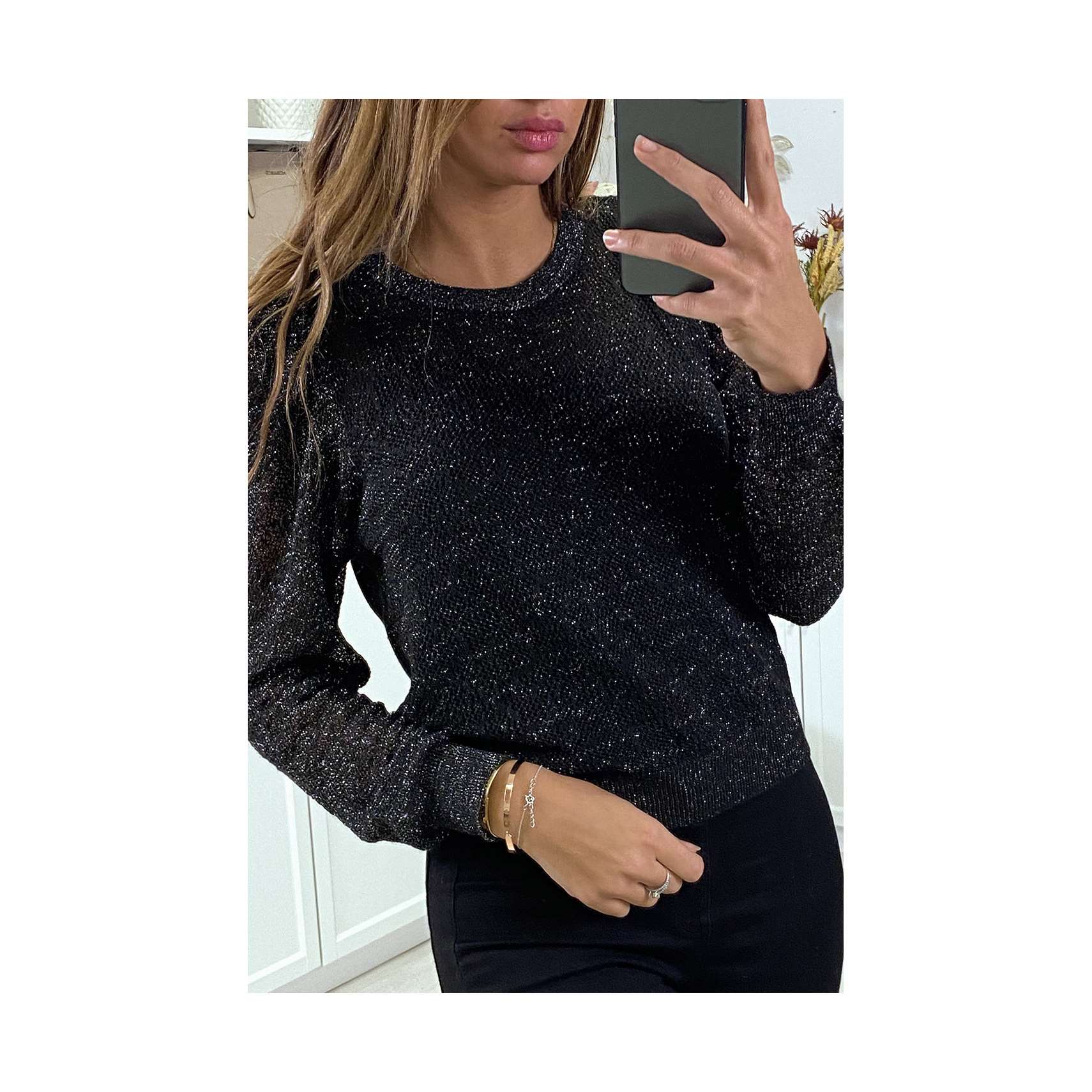 Pull jacquard noir fil doré (H-3/1-20537-noir-G2521)