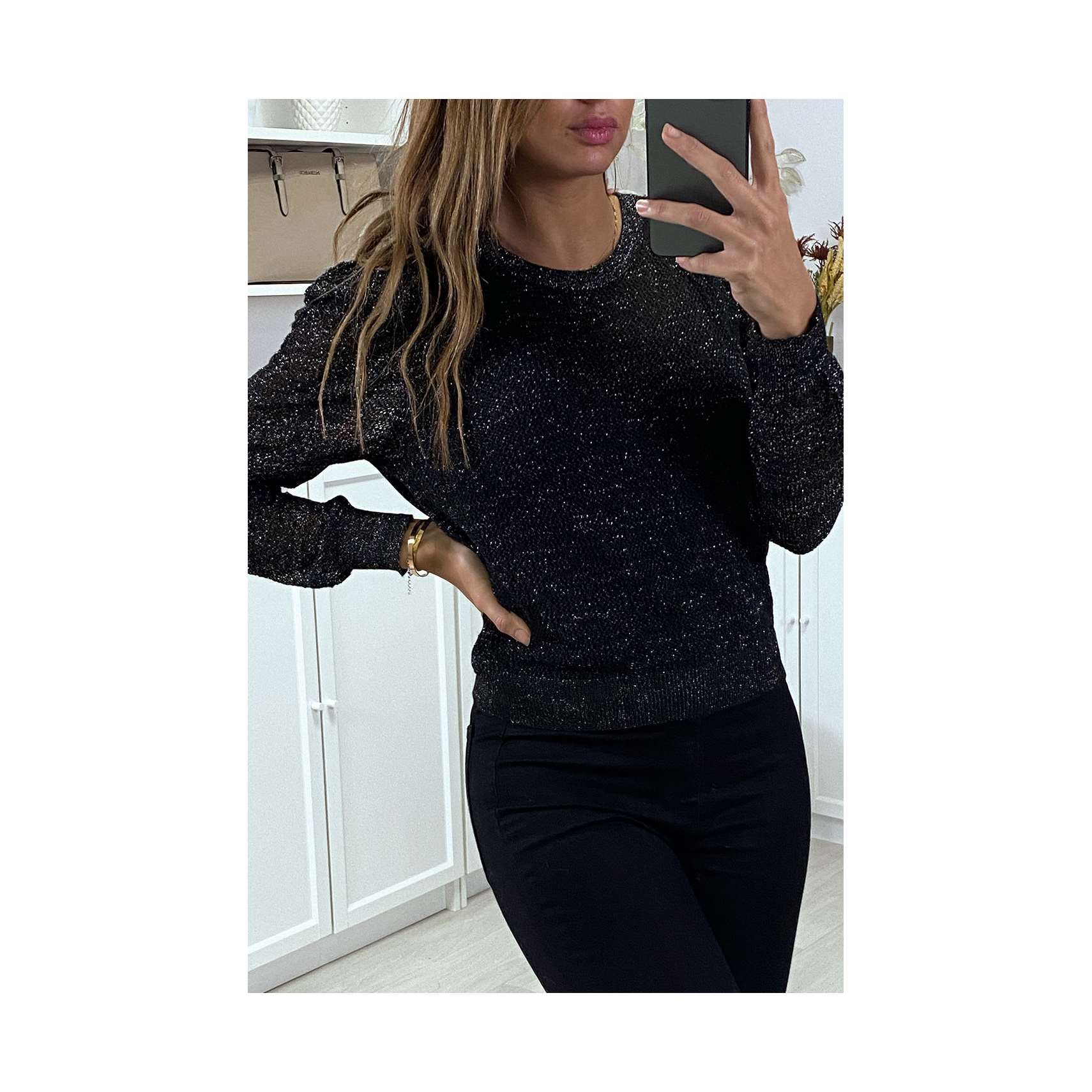 Pull jacquard noir fil doré (H-3/1-20537-noir-G2521)