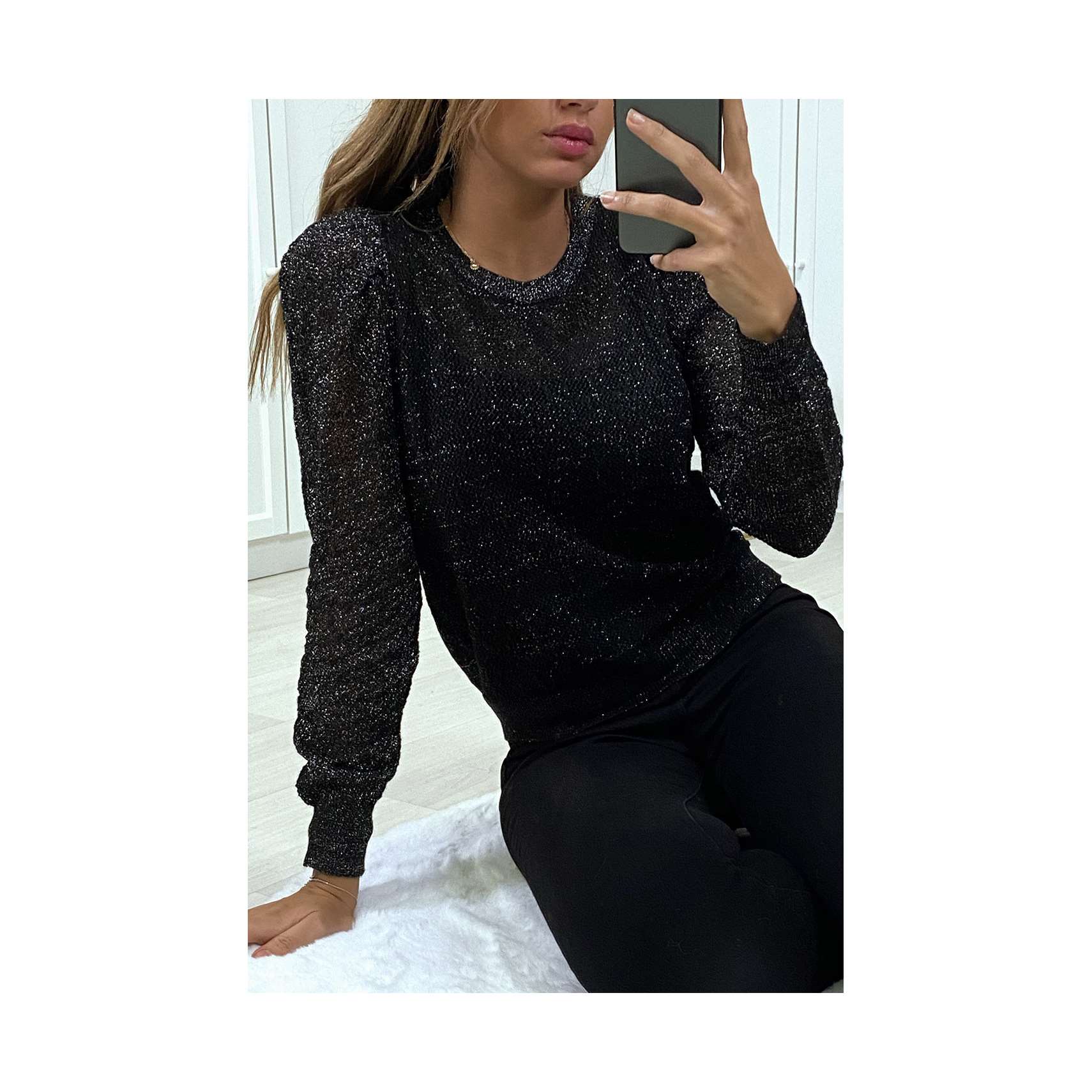 Pull jacquard noir fil doré (H-3/1-20537-noir-G2521)