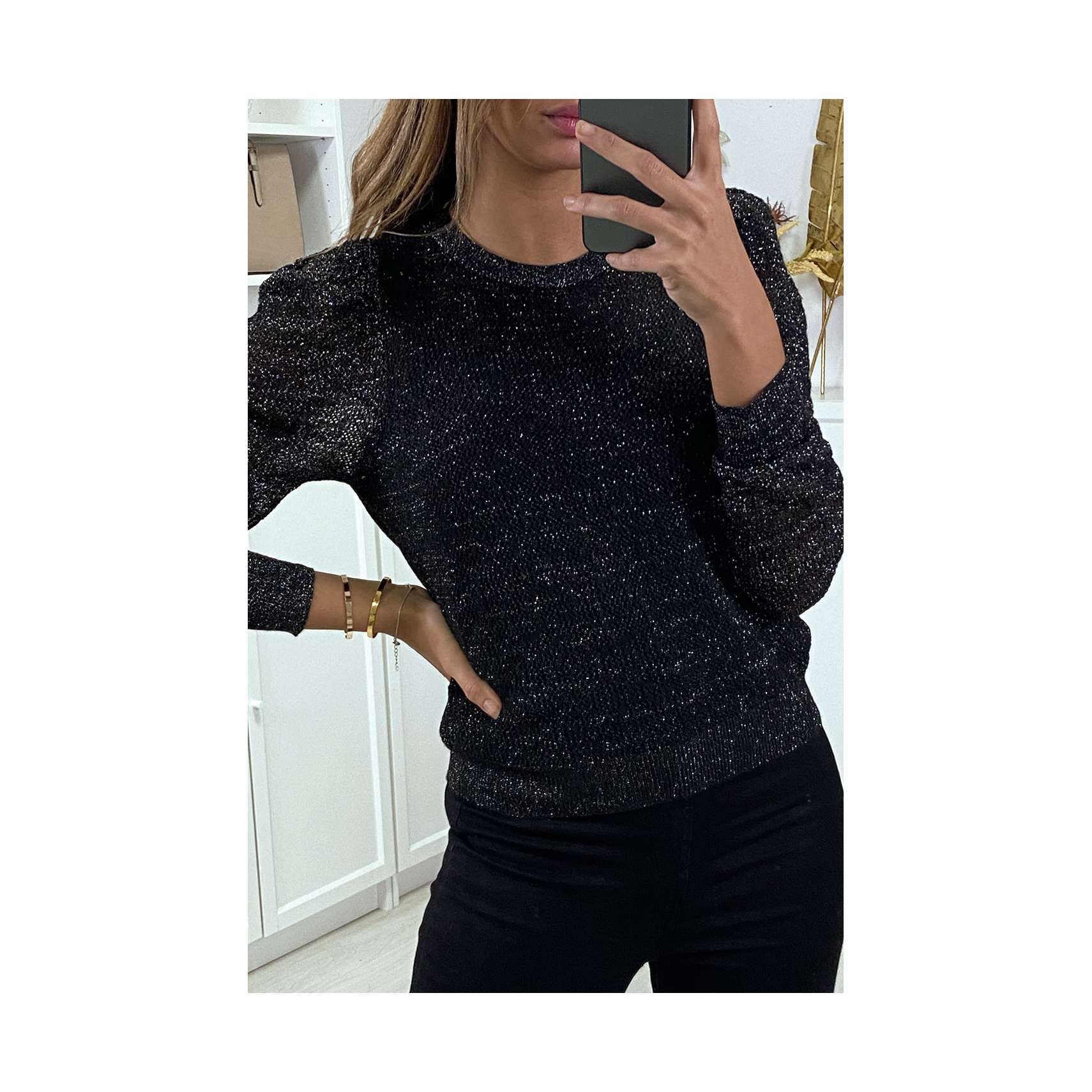 Pull jacquard noir fil doré (H-3/1-20537-noir-G2521)