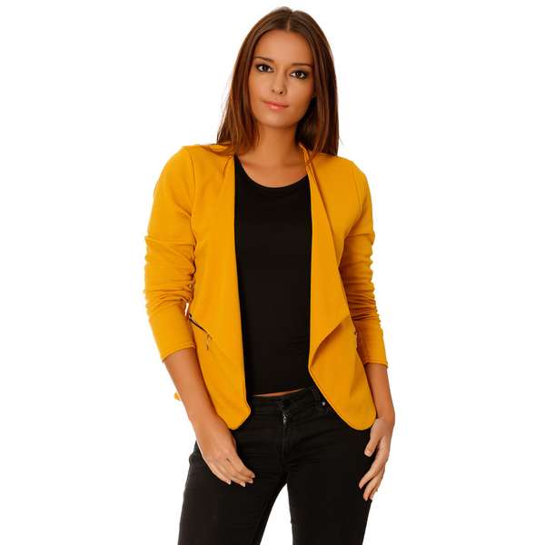 Blazer à revers drapés moutarde , poches à zip dorés 