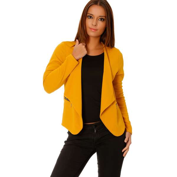 Blazer à revers drapés moutarde , poches à zip dorés 