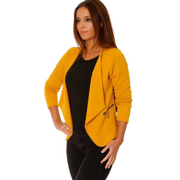 Blazer à revers drapés moutarde , poches à zip dorés 
